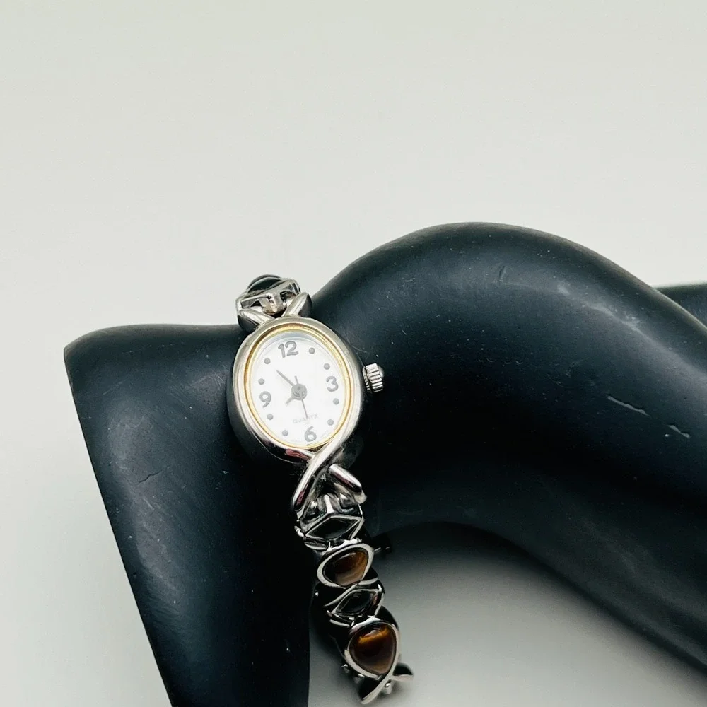 Vintage Avon Watch Tigers Eye and Onyx Silver Tone Timeless Beauty Not Running